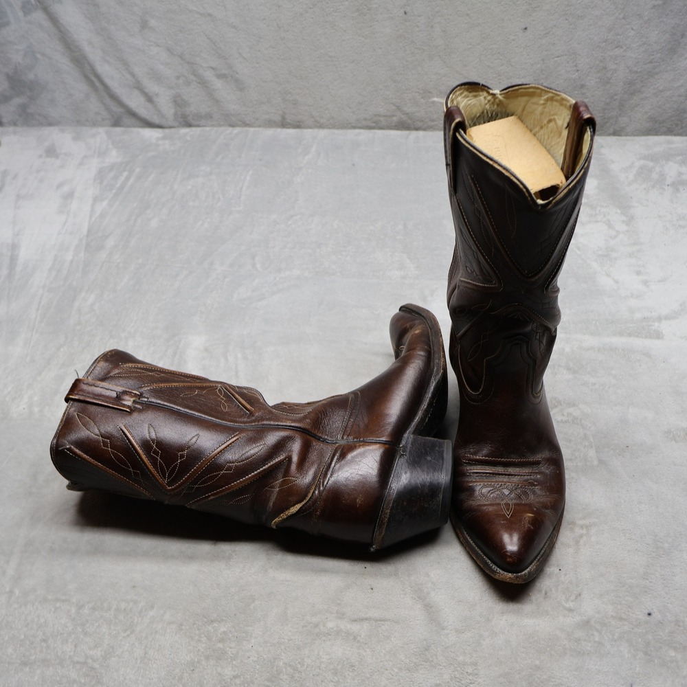 Acme Mens 10.5D Western Boots Brown Stitched Pointed Toe Cowboy Pull On 6066 VTG